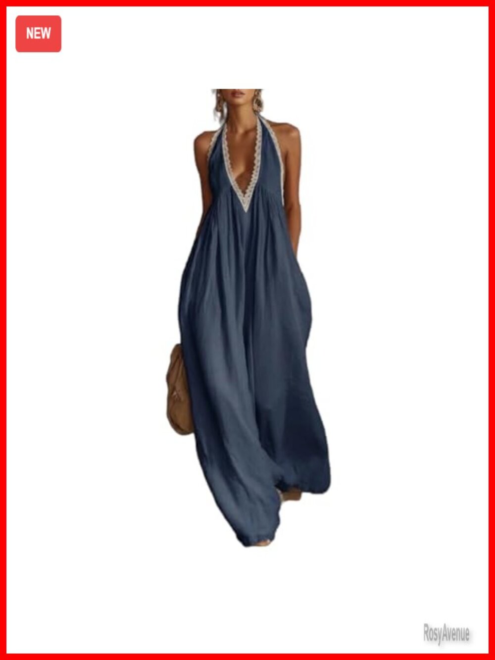 Women's Boho Halter Wide Leg Jumpsuit Lace Trim Sleeveless V-Neck Backless